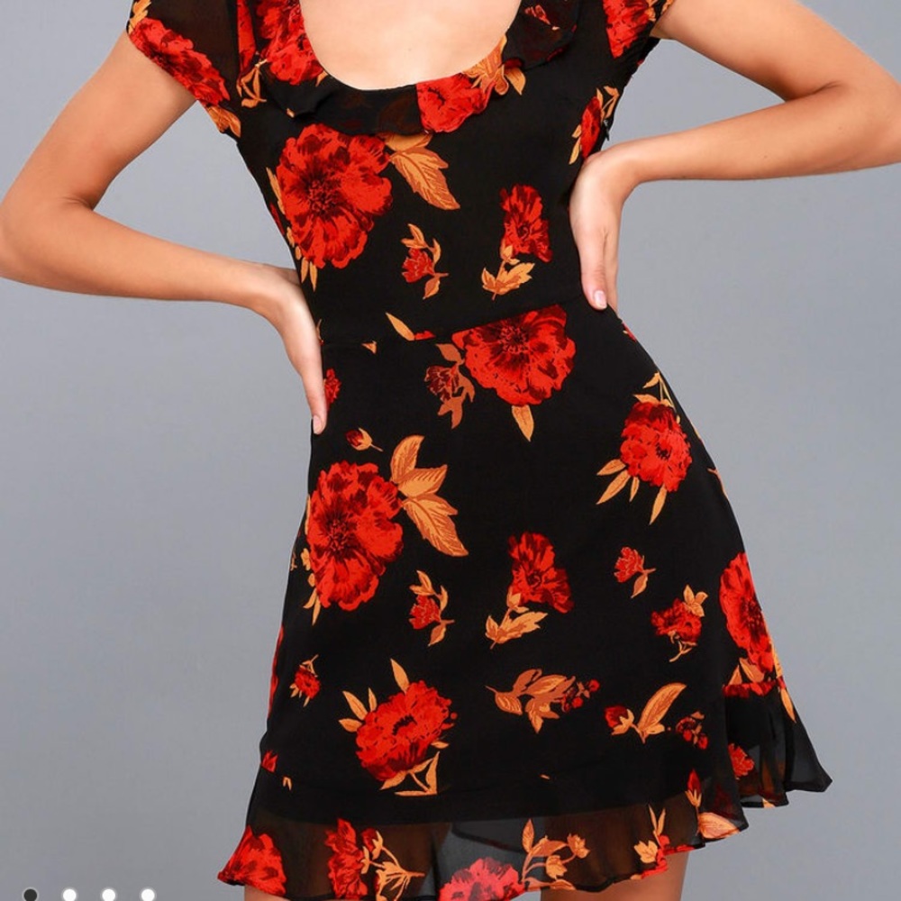 Isla Mujeres Red and Black Floral Print Ruffled Dress